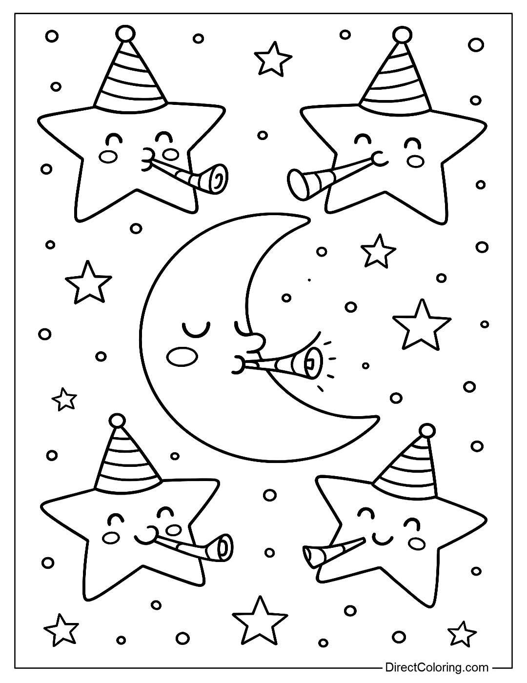 Star party coloring page, each star wears a birthday hat and blows a trumpet